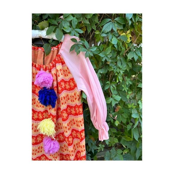 Vintage 70s Handmade Knit Clown Costume PomPoms 2 Hats Pink Red Yellow - Picture 3 of 16